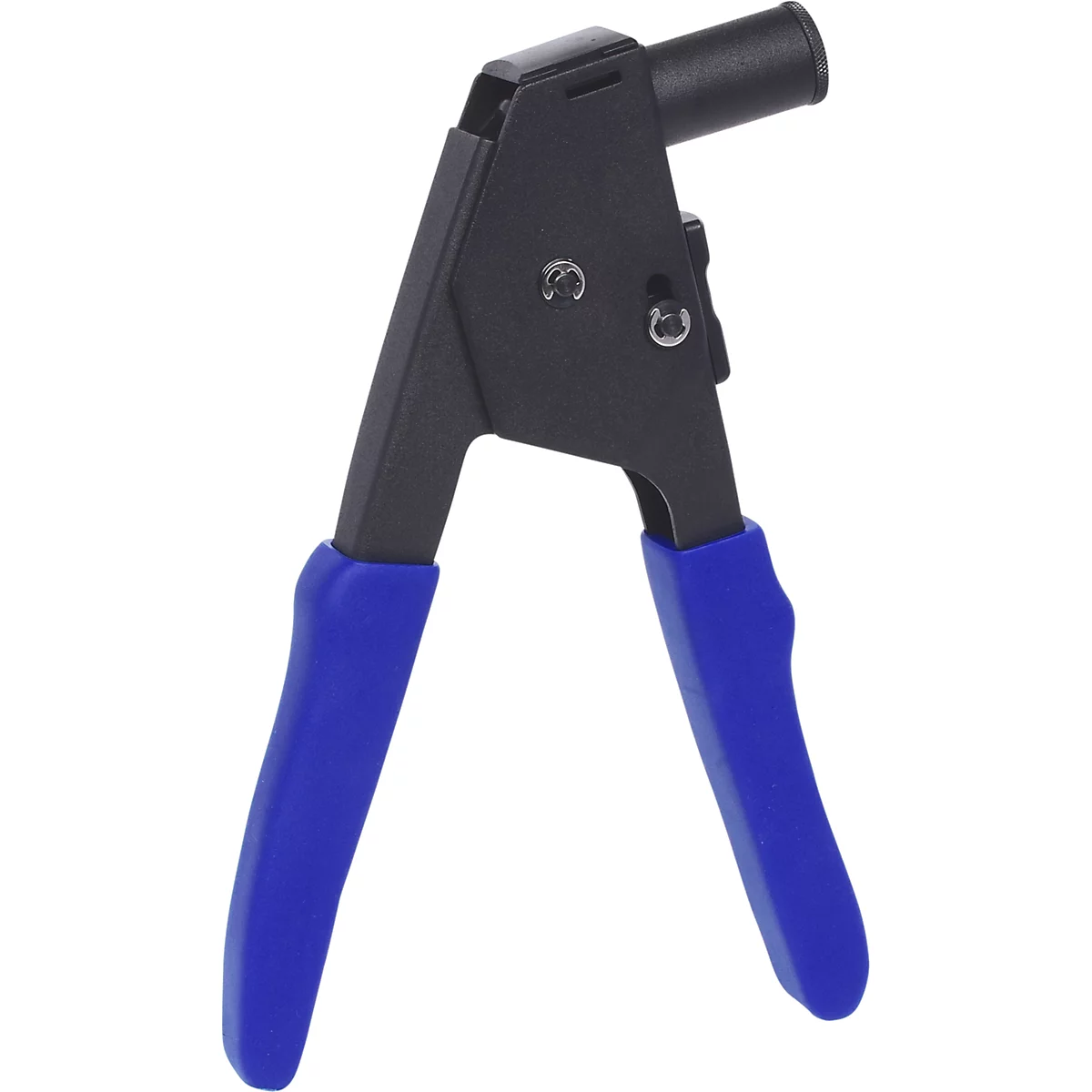 Eine Nietzange, schwarz und blau, mit Griffen und einem zylindrischen Aufsatz.